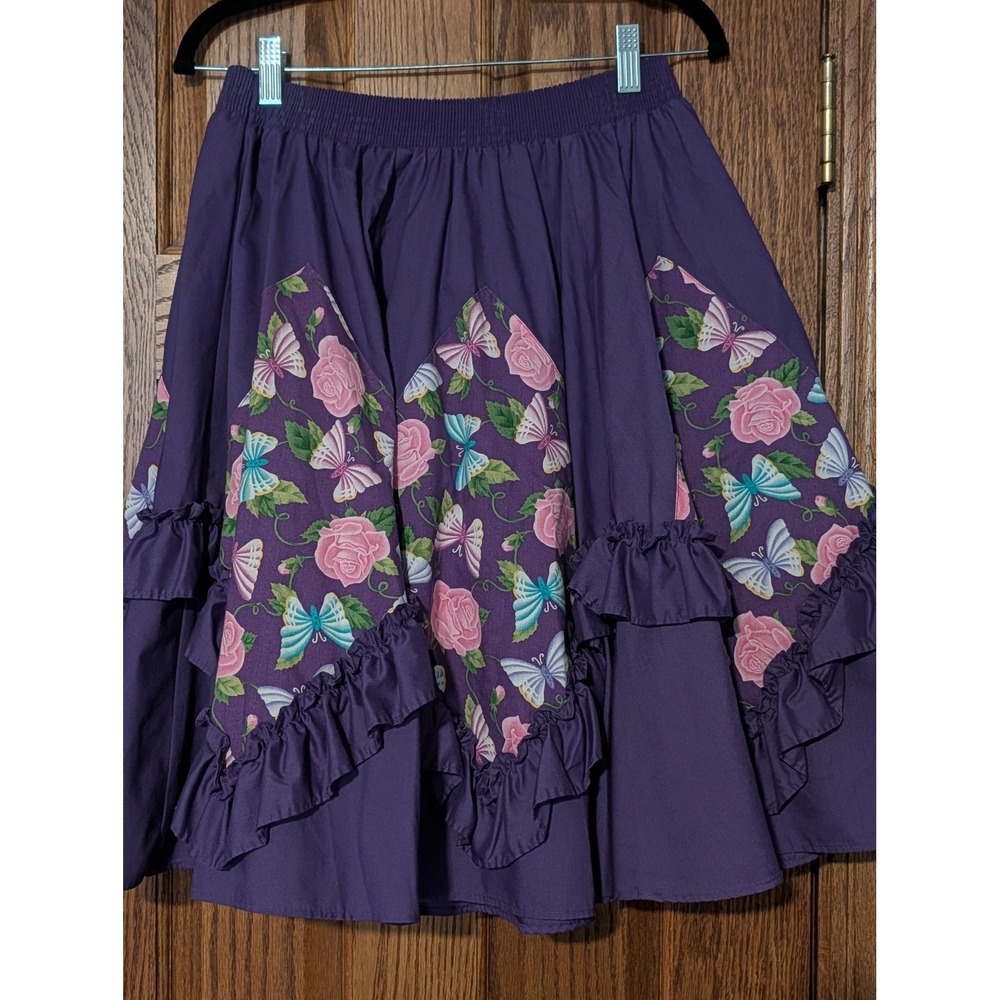 Vintage Mico Modes Purple Butterfly Rose Ruffle Tiered Midi Skirt M